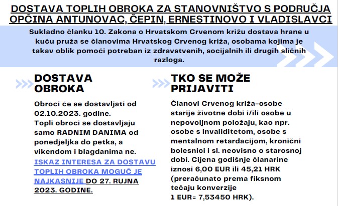 DOSTAVA TOPLIH OBROKA ZA STANOVNIŠTVO S PODRUČJA OPĆINE ERNESTINOVO